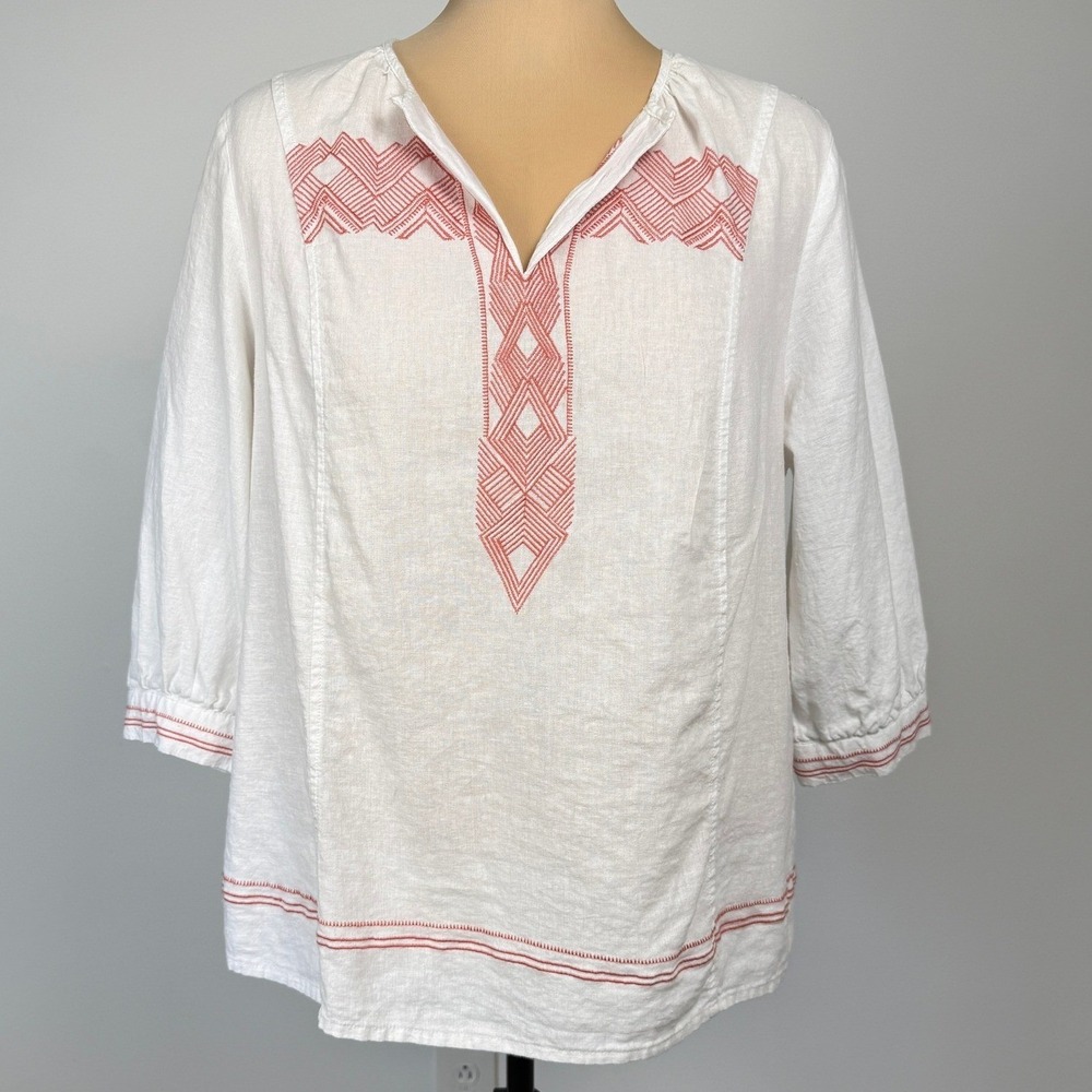 Artisan NY Blouse Womens 1X White Red Embroidered Linen Blend Resort Casual Boho